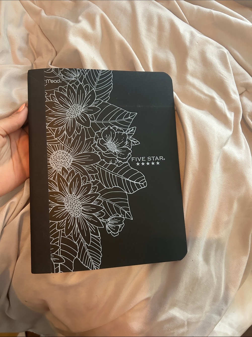 Five Star Black Notebook with White Floral Design